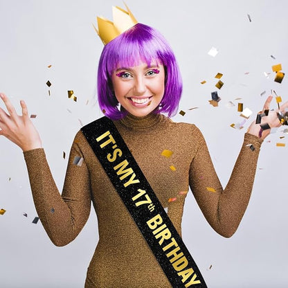 It's My 17th Birthday Sash for Boys Girls, Black Glitter Sash with Gold Foil