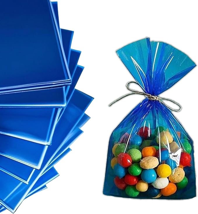 AimtoHome Cellophane Treat Bags Blue, 9x6 inches, 50 Pack with Ties,Small Party Favors bags for Cookie Candy Popcorn
