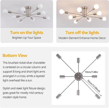Modern Sputnik Chandelier, 8-Light Ceiling Light Fixture, Bedroom Light Fixture, Sputnik Lights Fixture for Living Room, Dining Room, Kitchen, Office, Hallway, Foyer (Brushed Nickel Silver) - E26 Base