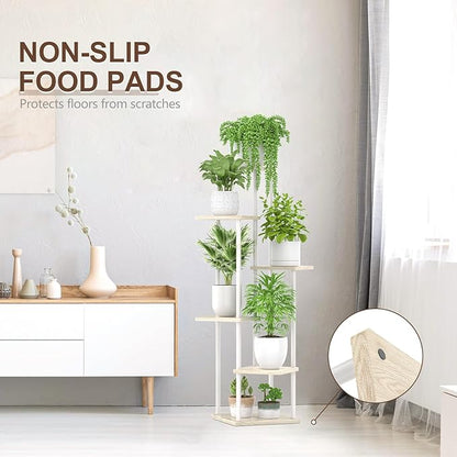 Oppro 6 Tier Tall Plant Stand Indoor, Large Metal Wood Muti Level Vertical Planter Shelf Orchid Holder for Narrow Corner, Sturdy Heavy Duty Flower Display Rack for House Decor Living Room Bedroom, White