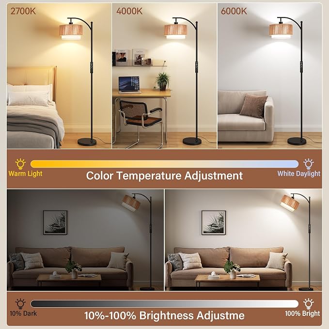SUNMORY Floor Lamps for Living Room with 12W Remote and Dimmable Bulb, LED Arc Lamp, Farmhouse Floor Lamps with Adjustable Rattan & Fabric Shades, Boho Standing Lamp for Bedroom, Corner, Home Decor