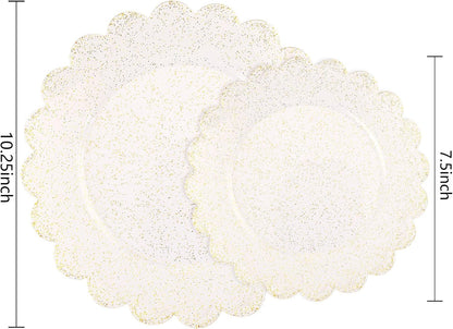 LIYH 60 Pcs Gold Glitter Plastic Scalloped Plates - Disposable Heavyduty Combo Plastic Plates Dishes Included 30 Dinner Plate 30 Dessert Plate for Weddings Party Birthday