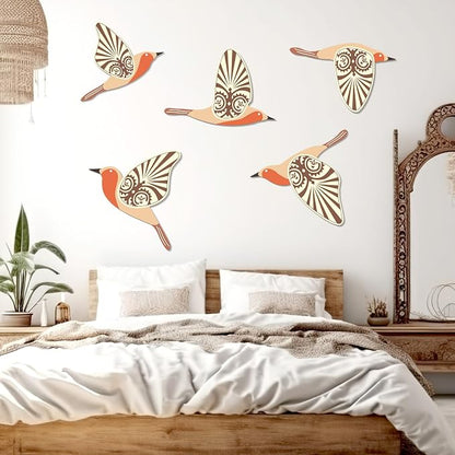 KOYILTD 5 Piece Bird Wood Wall Sculptures Wooden Wall Art Decor Scandinavian Home Decorations Flying Bird Wall Decor Farmhouse Wall Art for Home Living Room Bathroom Dining Room (Orange)