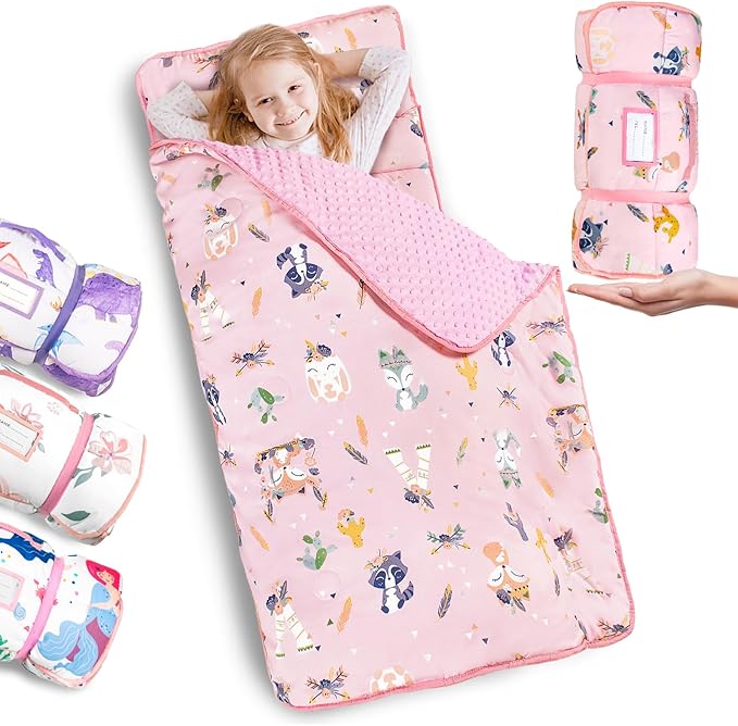 Primlect Thickened Toddler Nap Mat with Removable Pillow and Minky Blanket, Extra Large 55''x35'' Sleeping Bag, Washable, Roll up, Perfect for Daycare, Preschool, Kindergarten, Boys and Girls Pink Fox