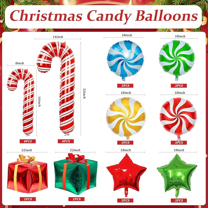 28 Pcs Christmas Foil Candy Cane Balloons with Ribbons - Mylar Present Balloons for Party Decorations
