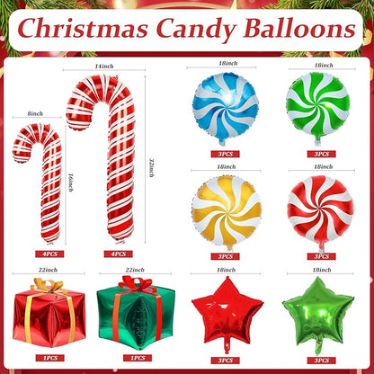 28 Pcs Christmas Foil Candy Cane Balloons with Ribbons - Mylar Present Balloons for Party Decorations