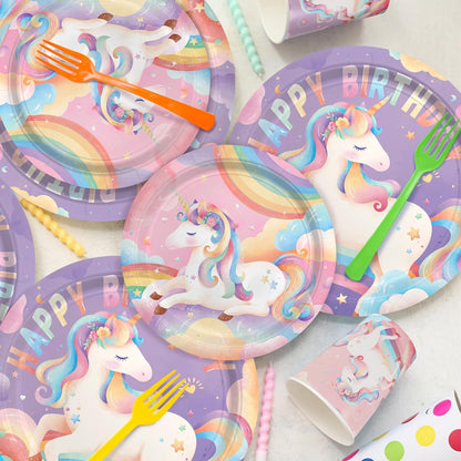 birthday Party Supplies Kit for 24 Guests - for Unicorn Birthday Decorations, Includes Dinner & Dessert Plates, Napkins, Cups, Banner and Tablecloth for Unicorn 1st Birthday Party Decorations