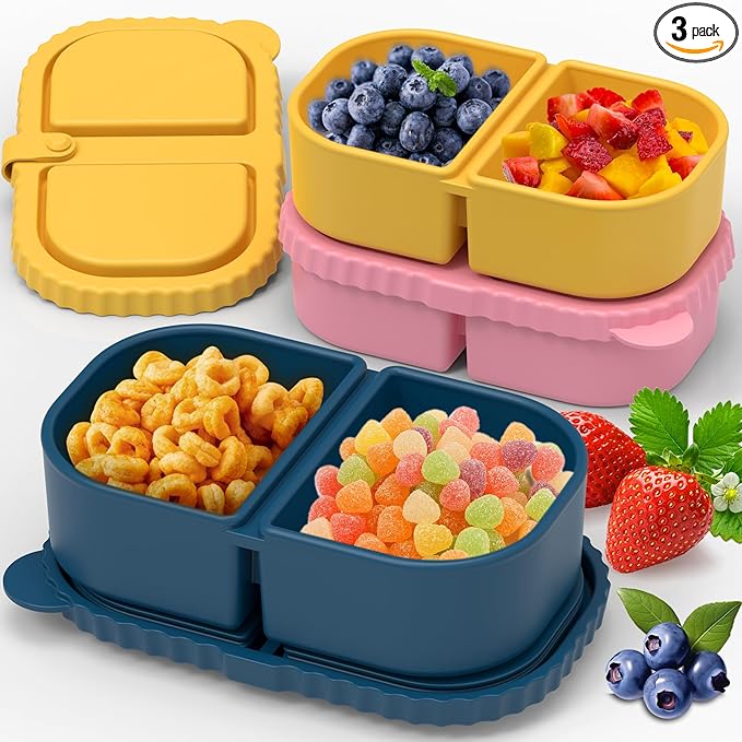 3 Pack Reusable Silicone Snack Containers with Lids, Mini Containers 2 Compartments, Portable Silicone Food Storage Box for Picnic, School, Office (3)