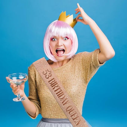 53 Birthday Queen 53rd Birthday Sash for Women, Rose Gold Glitter Sash with Foil
