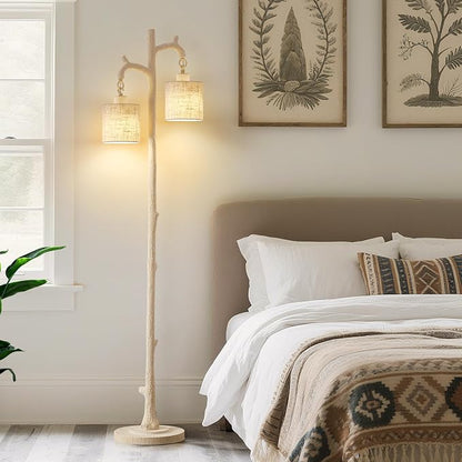 EJIAXIN Floor Lamp for Living Room - 69" Rustic Farmhouse Tree Trunk Tall Lamp with 2 Country Vintage Reading Light - Standing Tall Lamps for Bedroom Office Home Decor (Almond White, Bulb Included)