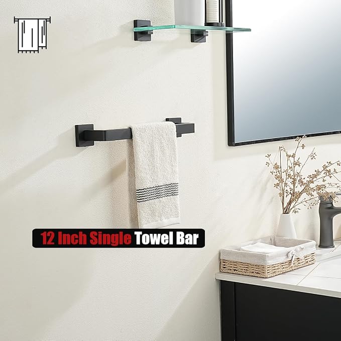 JQK Black Towel Bar, Rounded Edges 14.41 Inch Towel Rack, 304 Stainless Steel Bathroom Wall Mount, Useable Length 12 Inch, TB250L12-PB