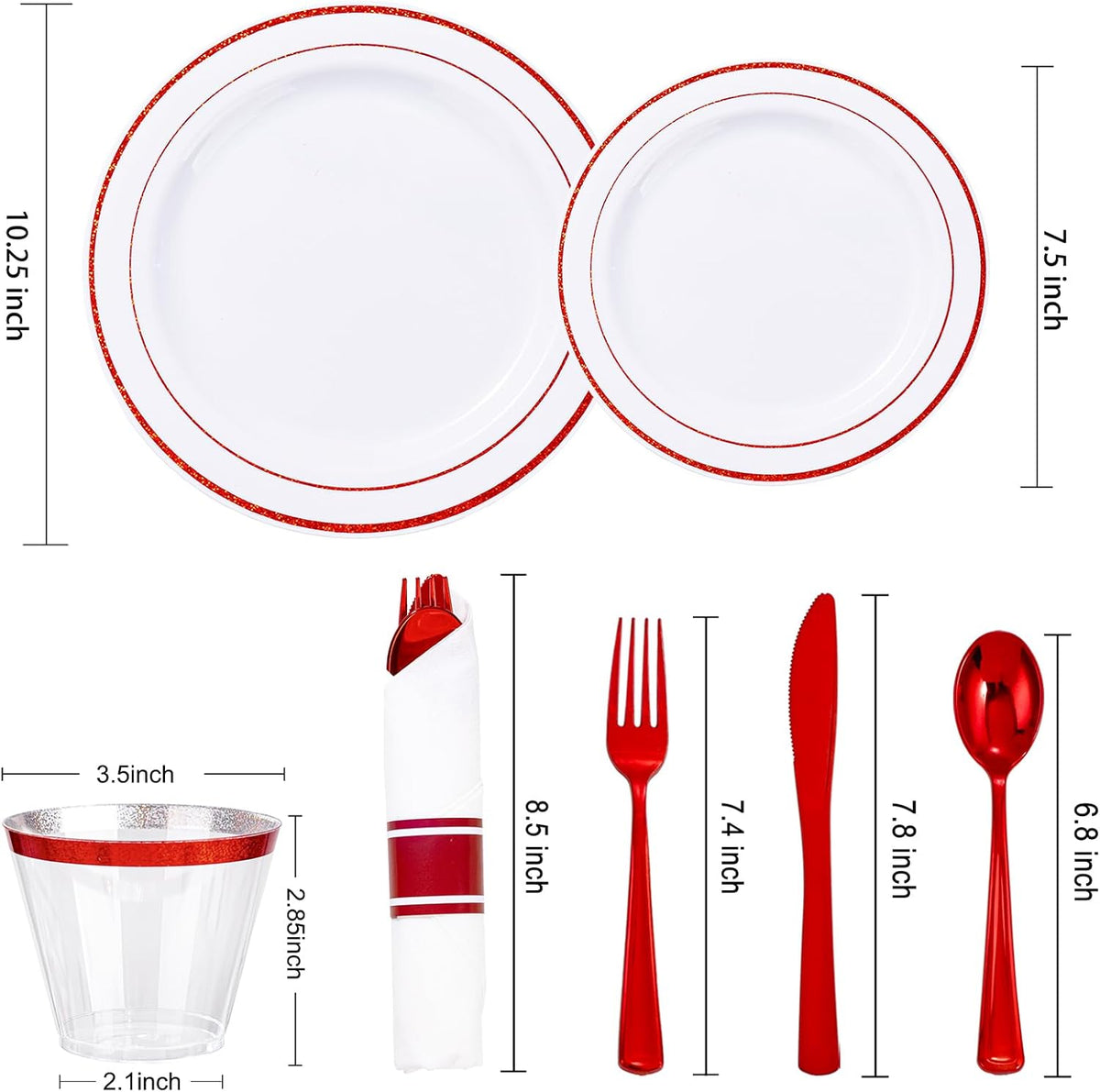 WELLIFE 210 Piece Red Plastic Dinnerware Set, Disposable Plates for Party,Include: 30 Dinner Plates, 30 Dessert Plates, 30 Pre Rolled Napkins with Gold Silverware and 30 Gold Cups