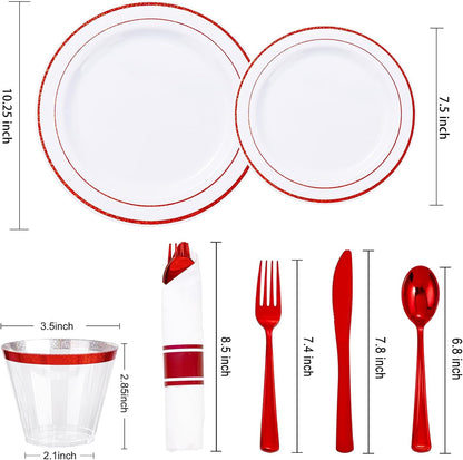 WELLIFE 210 Piece Red Plastic Dinnerware Set, Disposable Plates for Party,Include: 30 Dinner Plates, 30 Dessert Plates, 30 Pre Rolled Napkins with Gold Silverware and 30 Gold Cups