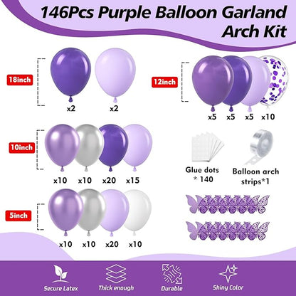 146Pcs Purple Balloons Garland Arch Kit - 5 10 12 18 inch Lavender Dark Purple Metallic Latex Balloons for Butterfly Baby Shower Birthday Wedding Princess Party Decorations