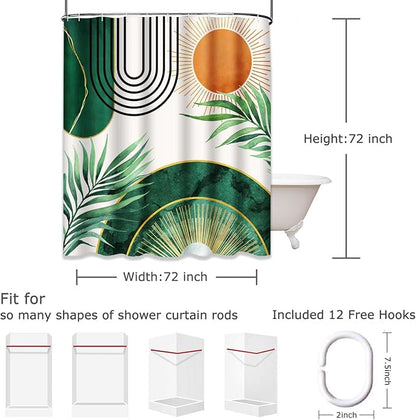 Emvency Shower Curtain Boho Leaves Minimalist Abstract Bohemian Mid Century Palm Botanical Modern Sun Green Bathroom Home Decor Waterproof Polyester Fabric 72 x 72 inches Set with Hooks