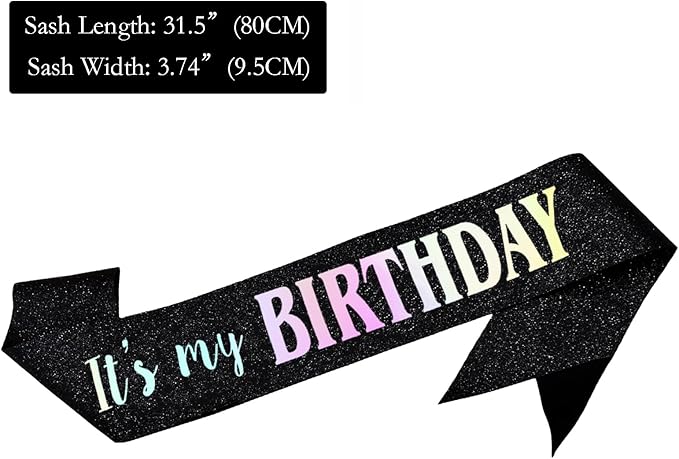 It's My Birthday Sash, Dazzle Foil Letter Glitter Black Birthday Sash for Women Men Girl Boy Kids Teenager Funny Bday Gifts Party Favors Photo Prop