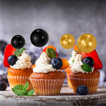 NACHLYNN 80 Pcs Cake Balls Decorations Mini Balloon Cake Topper Balls Foam Cupcake Toppers Balls for Cake Decorating Birthday Parties Weddings Anniversary (Black Gold)