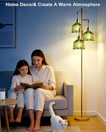 Lightdot 3-Light Floral Floor Lamp 65'' Dimmable Floor Flower Lamp with Green Glass Shade& Bulbs Included, Mid Century Standing Tall Lamp with 5Lbs Heavy Base for Living Room/Bedroom/Sofa Beside-Gold