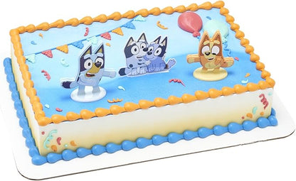 DecoSet® Bluey Dance Mode Cake Toppers, 3 Piece Cake Decoration With Bluey And Bingo Figurines and Muffin & Socks Poly Pic, For Birthday, Parties, Celebration