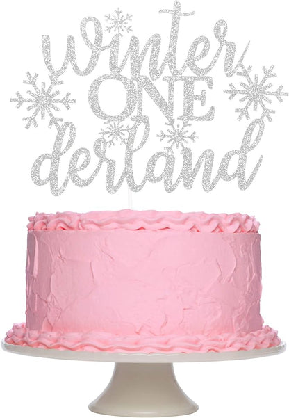 TeePolly Silver Glitter Winter Onederland 1st Birthday Cake Topper - 1 Pc, 6.6" x 4.8" - Silver