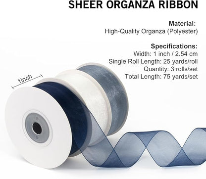 Blue and White Organza Ribbon - 1 Inch x 75 Yds - Navy, Gray, Blue, White - Clear Chiffon Tulle - Gift Wrapping, Flower Bouquet, Christmas Tree, Wedding Invitations, Bows, Crafts