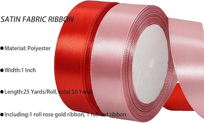 2 Rolls Red Rose Gold Ribbon, 1 Inch x 50 Yards Satin Rose Gold Red Fabric Ribbon for Flower Bouquets, Gift Wrapping, DIY Crafts, Birthday Cakes, Holiday, Wedding Party and Mother’s Day Decorations