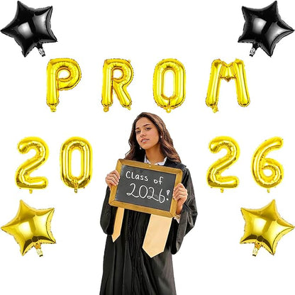 Prom 2026 Balloons Decorations, 16 Inch Foil Letter Number Balloons with 18 Inch Black Gold Star Balloons for High School College Graduation Gift Retirement Ins Photo Party Supplies