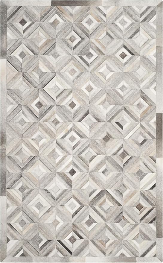 Premium Diamond Pattern Leather Area Rug, Geometric Cowhide Patchwork Carpet - 5X8 ft, Luxury Beige and Grey Non-Slip Floor Accent for Dining Room, Living Room, Hallway