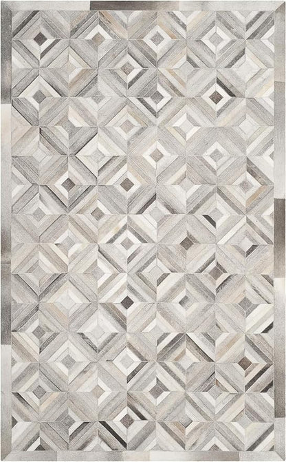 Premium Diamond Pattern Leather Area Rug, Geometric Cowhide Patchwork Carpet - 5X8 ft, Luxury Beige and Grey Non-Slip Floor Accent for Dining Room, Living Room, Hallway