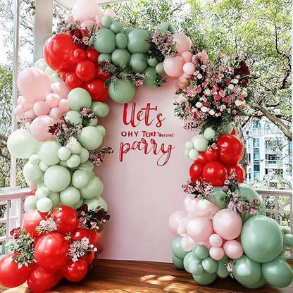 Red Pink Green Balloon Arch Double Stuffed Dusty Green, Ruby Red, Pastel Pink Balloon Garland Kit for Cherry on Top Birthday Mothers Day Baby Shower Wedding Summer Party Decoration