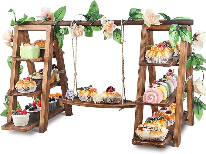 Wisreach Wooden 3 Tier Cupcake Stand with Swing and Flower Decoration Serving Removable Tray Display Serving Ladder Foldable Stand with Serving Platter Tray Party Food Display Set for Cake Snack Fruit Chips Bread Centerpieces Catering
