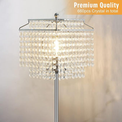 Luvkczc Crystal Floor Lamp, 64" Tall Modern Standing Lamps with Double-Layer Lampshade, On-Off Foot Switch, Silver Finish Pole Lamp for Living Room, Bedroom, Office, 8W Bulb Included
