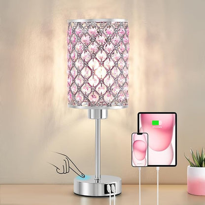 GyroVu Crystal Table Lamp, Pink Touch Lamp with USB C+A Ports, Dimmable Lamp with Crystal Shade, Bedside Lamp Small Lamp for Girl Bedroom, Living Room(Buld Included)