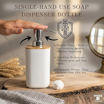 Moss & Stone 6-Piece Bathroom Accessories Set – White Plastic and Bamboo Bathroom Set with Soap Dispenser, Toothbrush Holder, Cup & Soap Dish – Modern Countertop Bathroom Décor
