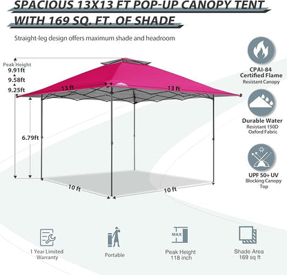 EAGLE PEAK 13x13 Straight Leg Pop Up Canopy Tent Instant Outdoor Canopy Easy Single Person Set up Folding Shelter w/Auto Extending Eaves 169 Square Feet of Shade (Deep Pink)