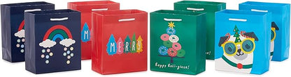 Hallmark 6" Small Christmas Gift Bags for Kids (8 Bags: Rainbow Candy, Donut Tree, Merry, Cute Pug Puppy) for Gift Cards, Holiday Party Favors, Teacher Presents