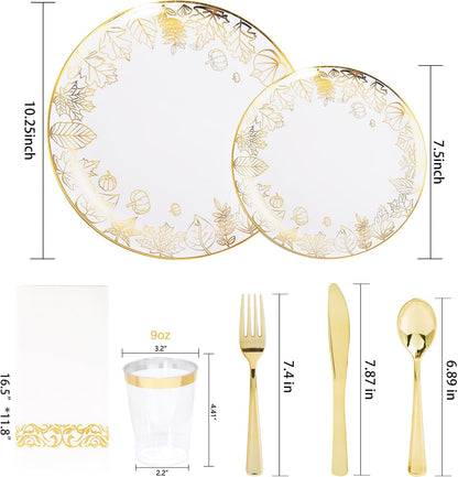 Supernal 175pcs Thanksgiving Gold Plastic Plates,Disposable Dinnerware Set,Elegant Thanksgiving Maple Leaf Design,25Gold Plastic Silverware,25Gold Disposable Cups and Gold Paper Napkins