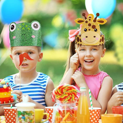 Gersoniel 24 Pcs Animal Birthday Party Hats Animal Headbands Jungle Safari Animal Paper Party Crown for Girls Kids (Jungle Animal)