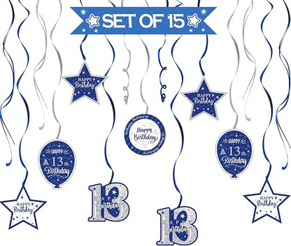 Happy 13th Birthday Blue & Silver Glitter Swirls Streamers Party Decorations - 15 Pcs 13th Birthday Hanging Swirls Streamers Kit,Cheers to Thirteen Years Old Bday Party Sign.
