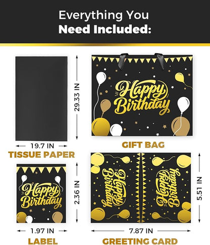 Black Birthday Gift Bag for Men – 12.5 Inch Medium Size with Tissue Paper and Greeting Card – Perfect for Boyfriend, Husband or Dad (1 Piece, Foil Stamping)