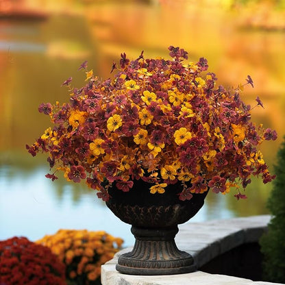 16 Bundles Artificial Fall Mums with Eucalyptus, Faux Daisy UV Resistant Outdoor Decor - Autumn Orange Flowers for Front Door Porch Planter, Patio, Thanksgiving Christmas (Fall Yellow&Red)