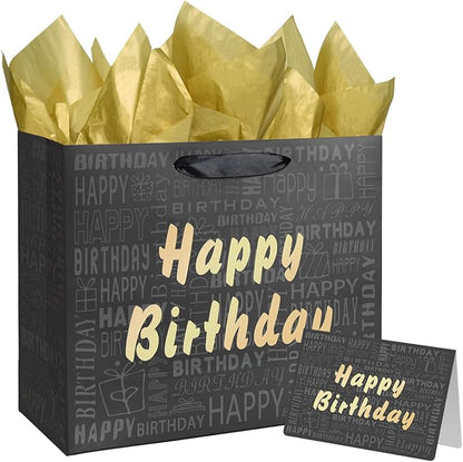 Laidans 13" Large Black and Gold Happy Birthday Gift Bag with Tissue Paper and Card for Men Women Birthday
