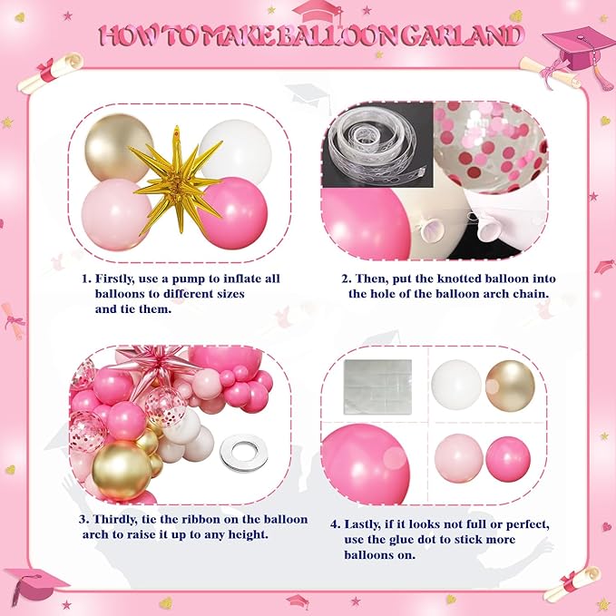 Pink Gold White Balloon Arch Kit Graduation Decorations 2026, 130Pcs Pink Gold Balloons and Foil Star Balloon with Confetti Ribbons Grad Party Decorations for College High School Class of 2026