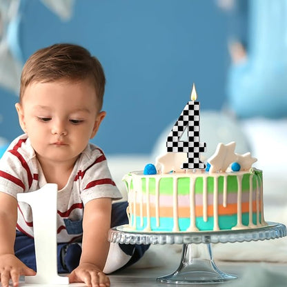 Racing Cars Themed Birthday Candle, Checkered Flag Number Candles Black and White Candles Happy Birthday Cake Topper Party Decorations for Boys Racing Cars Themed Party Supplies (Number 4)