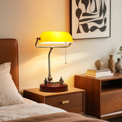 Bankers Lamp, Traditional Orange Desk Lamp with Solid Birch Wood Base, Orange Glass Antique Library Lamp with Pull Chain Switch, Plug in Vintage Bankers Desk Lamp for Office, Study Room 【E26 Socket】