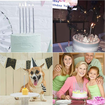 12 Count Long Thin Champagne Silver Birthday Cake Candles in Holders for Birthday Wedding Party Cupcake Decorations Tall Candle 12 Pieces