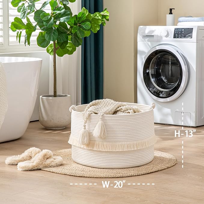 KAKAMAY Large Blanket Basket (20"x13"),Woven Baskets for storage Baby Laundry Hamper, Cotton Rope Blanket Basket for Living Room, Laundry, Nursery, Pillows, Baby Toy chest (White)