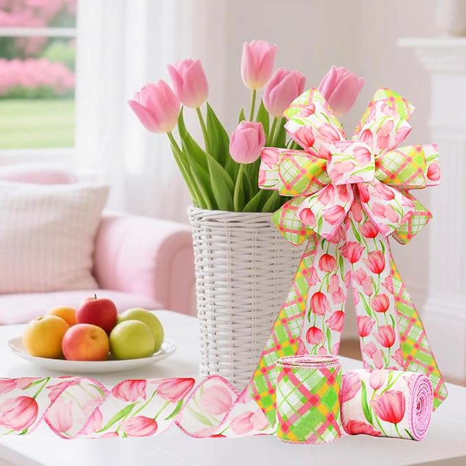 2 Rolls Pink Tulip Wired Ribbon - 2.5 Inch Wide, 10 Yards Total, Elegant Tulip Floral for Wedding Decor, DIY Crafts & Gift Wrapping, Romantic Pink Wired Edge Ribbon
