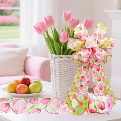 2 Rolls Pink Tulip Wired Ribbon - 2.5 Inch Wide, 10 Yards Total, Elegant Tulip Floral for Wedding Decor, DIY Crafts & Gift Wrapping, Romantic Pink Wired Edge Ribbon