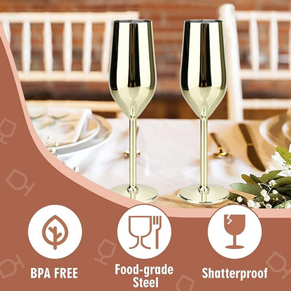 TJ Unbreakable 8 Oz Stainless Steel Champagne Flutes (2 Pack)- Gold Champagne Glasses - Reusable Indoor Outdoor Drinkware - Keeps Drink Cool for Longer - Gift Idea